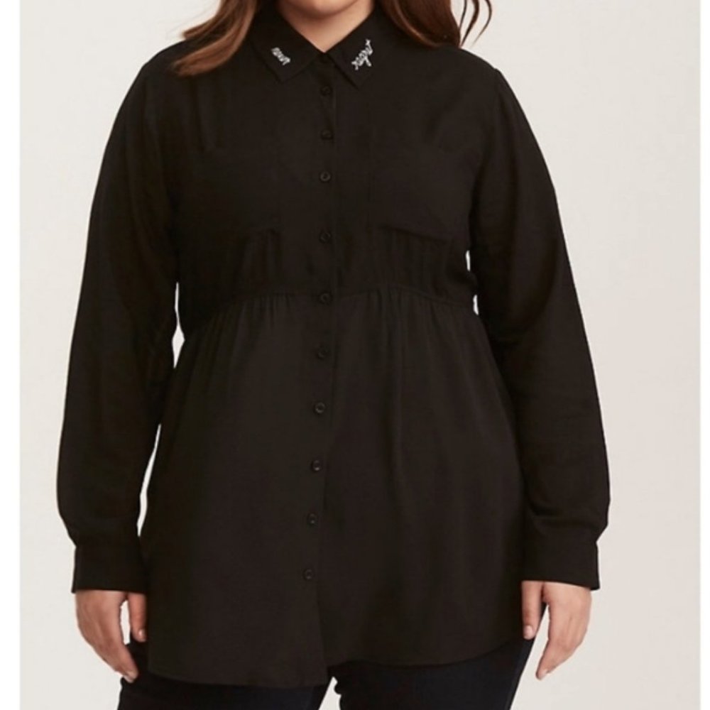 Torrid "Never Regret" Long Sleeve Black Button Down Tunic Dress Shirt Size 6